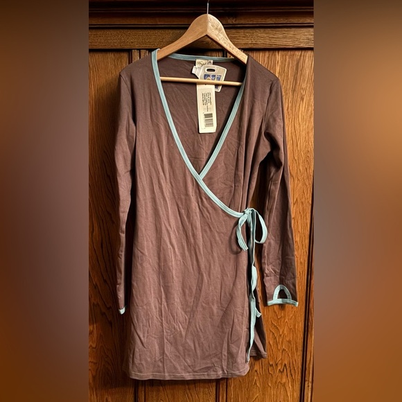 JOY ORGANIC brown & light blue tunic top wrap dress. 100% organic cotton. Soft. - Picture 8 of 12
